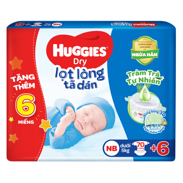 Tã dán sơ sinh Huggies (Newborn, dưới 5kg, 70 miếng) + 6 miếng